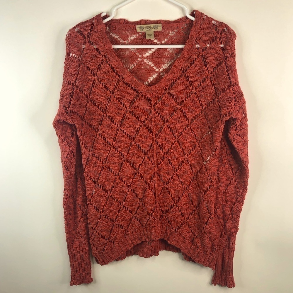 Rust orange Crocheted v neck long sleeve drop shoulder sweater petite small